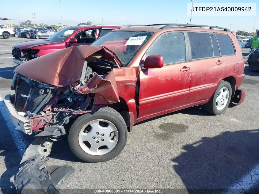 2004 Toyota Highlander Limited V6 VIN: JTEDP21A540009942 Lot: 40865301