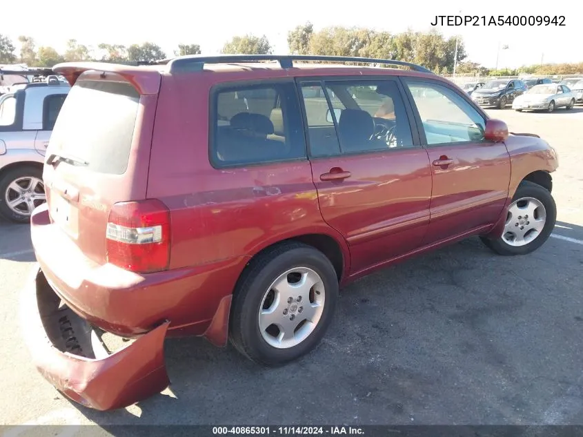 2004 Toyota Highlander Limited V6 VIN: JTEDP21A540009942 Lot: 40865301