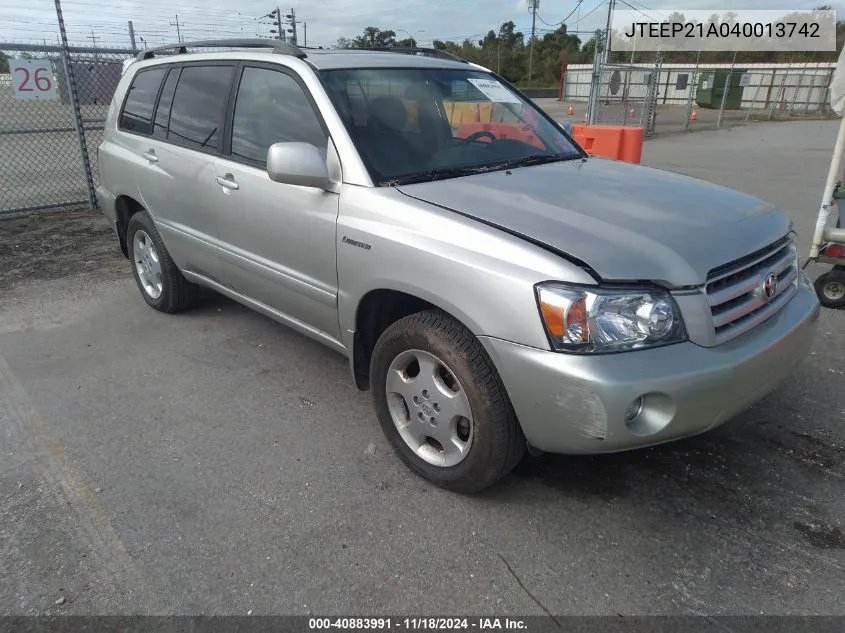 2004 Toyota Highlander Limited V6 VIN: JTEEP21A040013742 Lot: 40883991