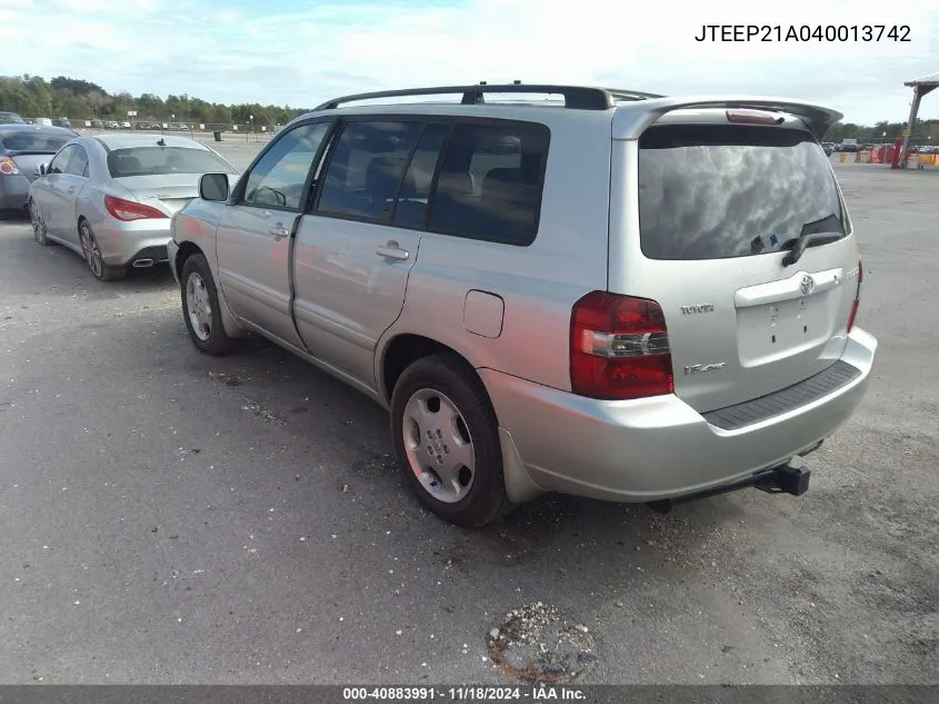 2004 Toyota Highlander Limited V6 VIN: JTEEP21A040013742 Lot: 40883991