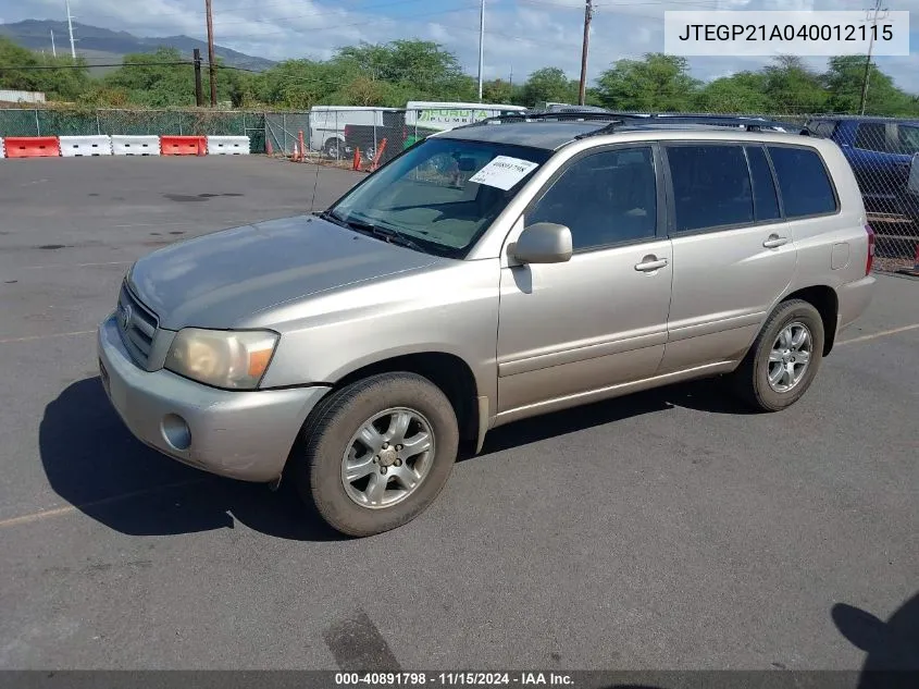 2004 Toyota Highlander Limited V6/V6 VIN: JTEGP21A040012115 Lot: 40891798