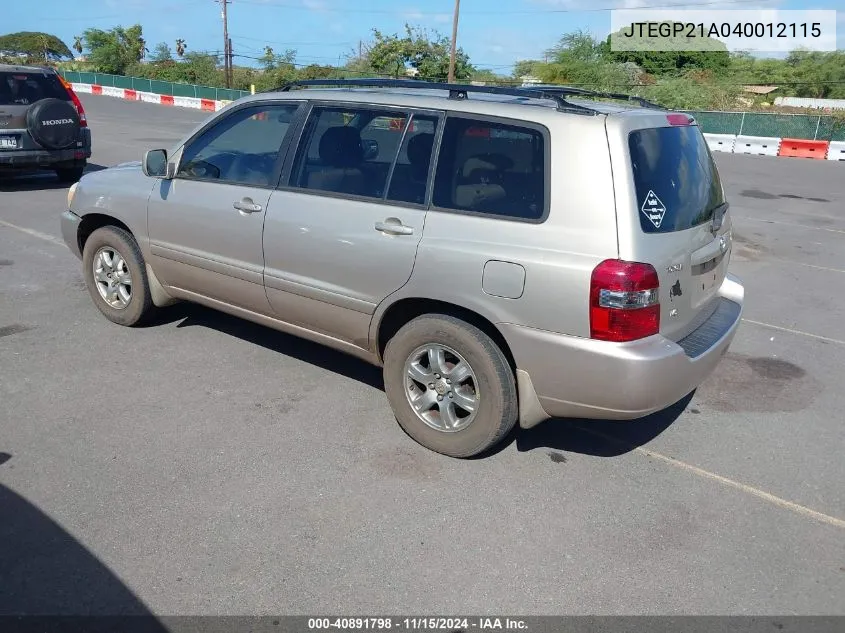 2004 Toyota Highlander Limited V6/V6 VIN: JTEGP21A040012115 Lot: 40891798