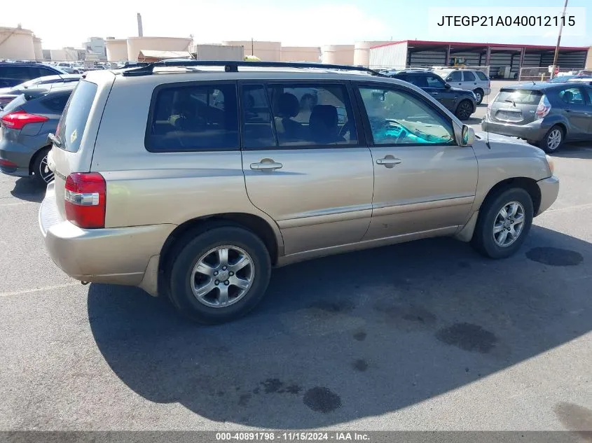 2004 Toyota Highlander Limited V6/V6 VIN: JTEGP21A040012115 Lot: 40891798