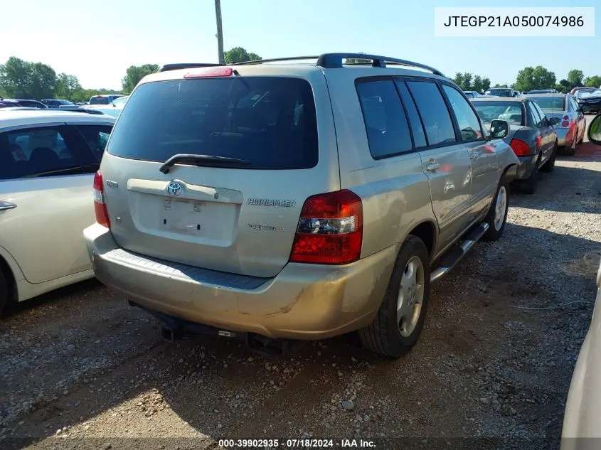 2005 Toyota Highlander V6 VIN: JTEGP21A050074986 Lot: 39902935