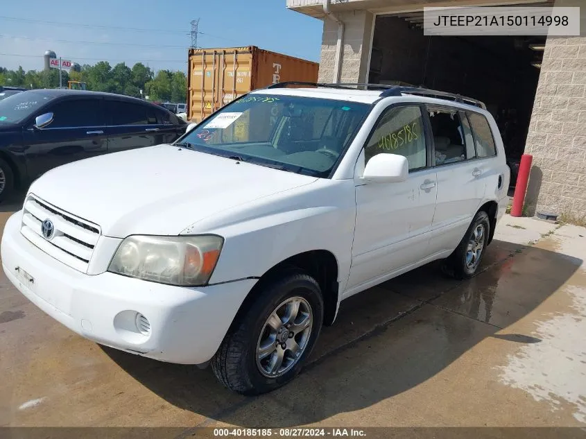 2005 Toyota Highlander V6 VIN: JTEEP21A150114998 Lot: 40185185