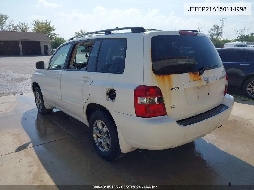 2005 Toyota Highlander V6 VIN: JTEEP21A150114998 Lot: 40185185