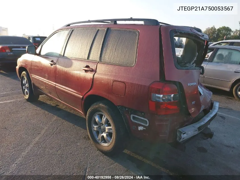 2005 Toyota Highlander V6 VIN: JTEGP21A750053567 Lot: 40192958