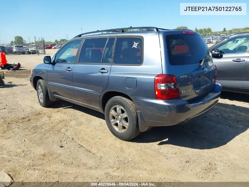 2005 Toyota Highlander V6 VIN: JTEEP21A750122765 Lot: 40278546