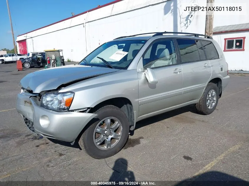 2005 Toyota Highlander V6 VIN: JTEEP21AX50118015 Lot: 40345975