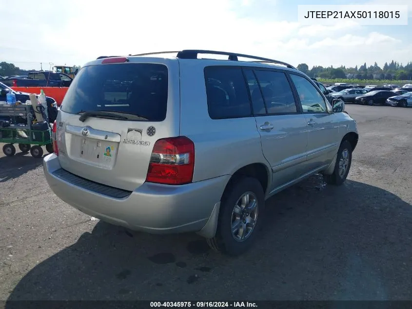 2005 Toyota Highlander V6 VIN: JTEEP21AX50118015 Lot: 40345975