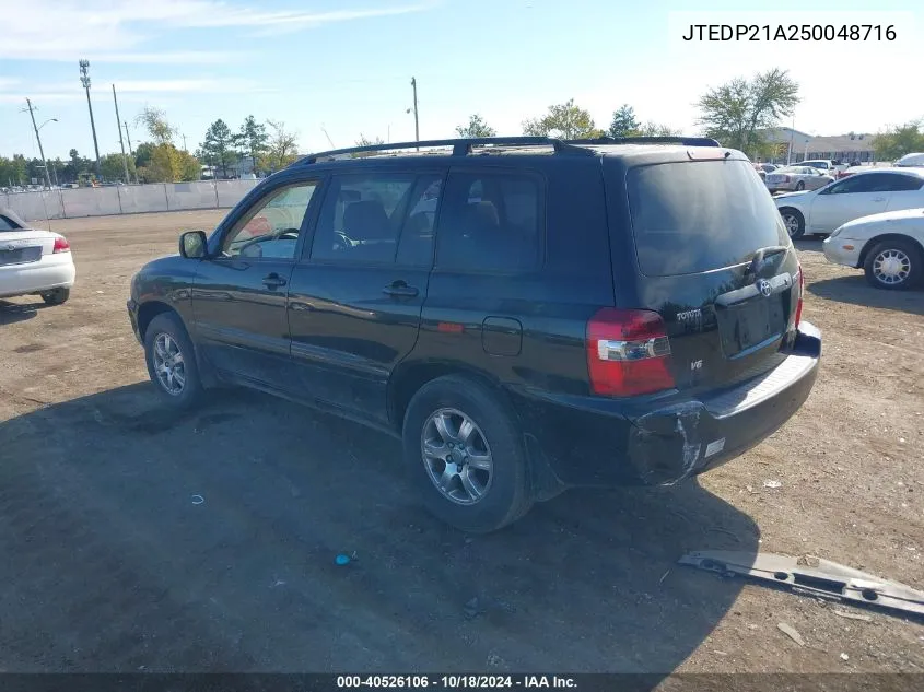 2005 Toyota Highlander V6 VIN: JTEDP21A250048716 Lot: 40526106