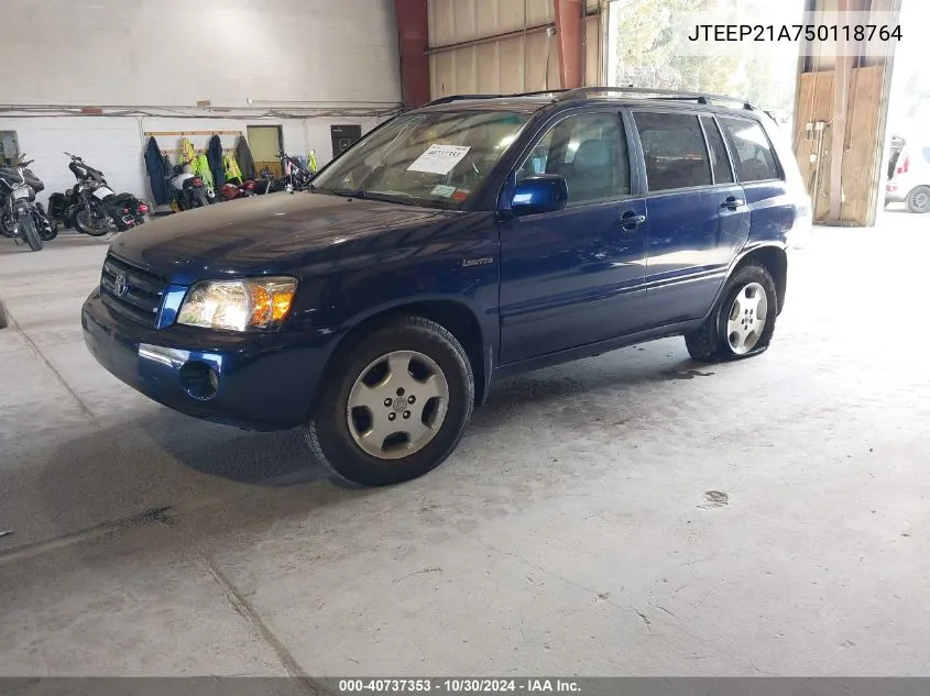 2005 Toyota Highlander Limited V6 VIN: JTEEP21A750118764 Lot: 40737353