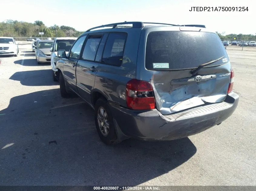 2005 Toyota Highlander V6 VIN: JTEDP21A750091254 Lot: 40820807