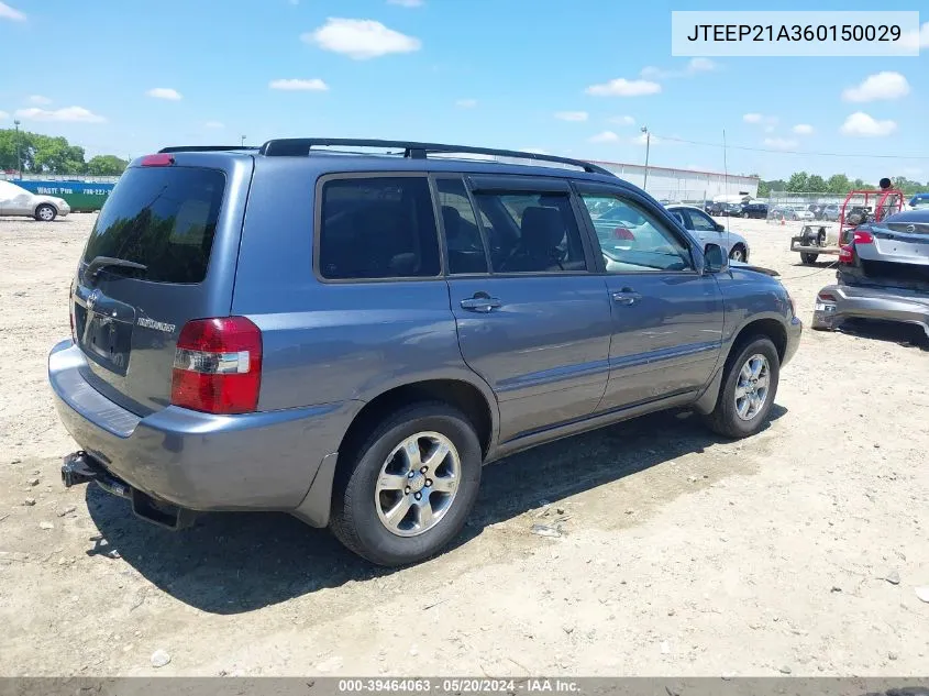 2006 Toyota Highlander V6 VIN: JTEEP21A360150029 Lot: 39464063