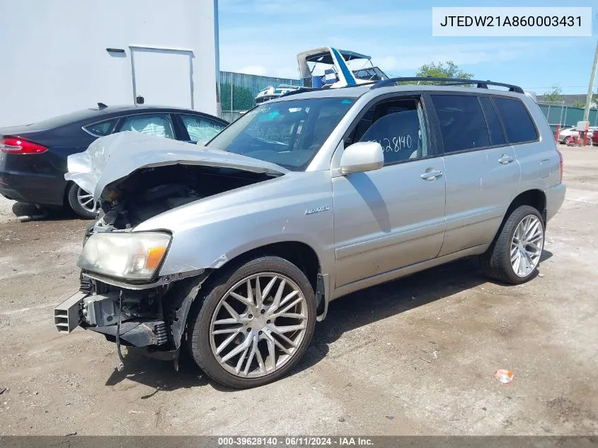 2006 Toyota Highlander Hybrid Limited V6 VIN: JTEDW21A860003431 Lot: 39628140