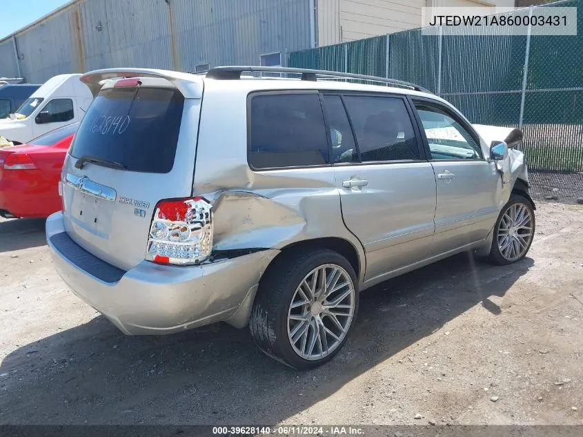 2006 Toyota Highlander Hybrid Limited V6 VIN: JTEDW21A860003431 Lot: 39628140