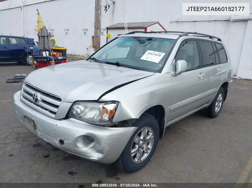 2006 Toyota Highlander V6 VIN: JTEEP21A660152177 Lot: 39933030