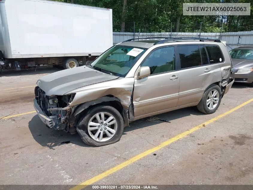 2006 Toyota Highlander Hybrid V6 (Ecvt) VIN: JTEEW21AX60025063 Lot: 39933281