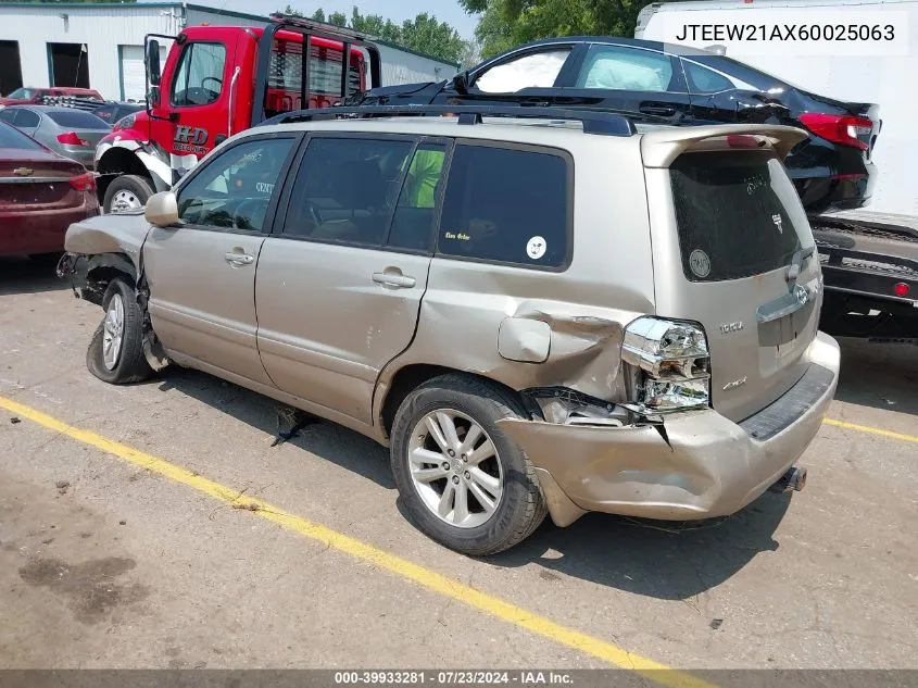 2006 Toyota Highlander Hybrid V6 (Ecvt) VIN: JTEEW21AX60025063 Lot: 39933281