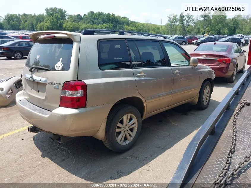 2006 Toyota Highlander Hybrid V6 (Ecvt) VIN: JTEEW21AX60025063 Lot: 39933281