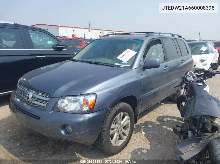 2006 Toyota Highlander Hybrid V6 VIN: JTEDW21A660008398 Lot: 39933393