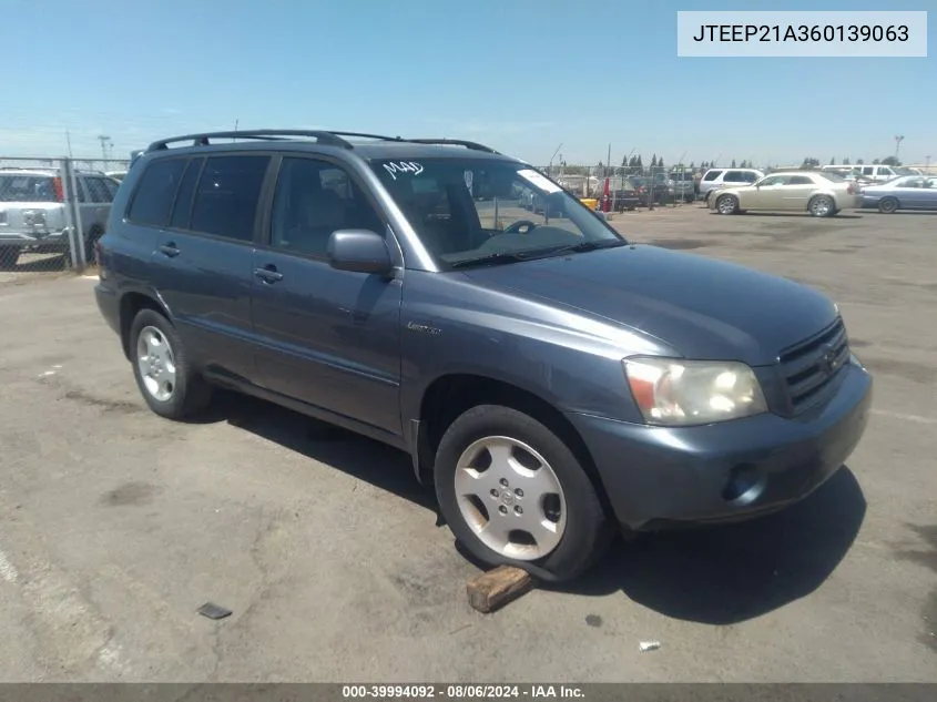 2006 Toyota Highlander Limited V6 VIN: JTEEP21A360139063 Lot: 39994092