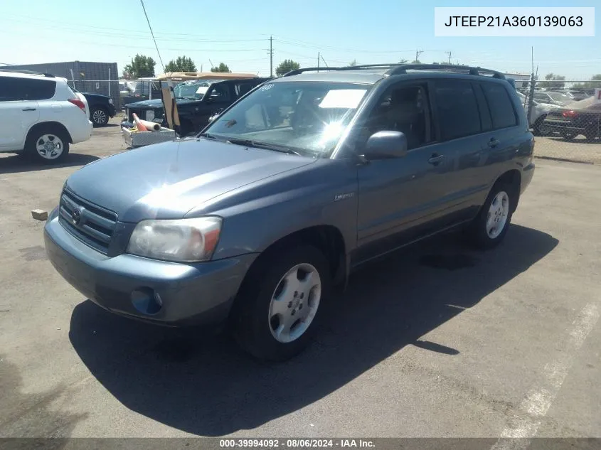 2006 Toyota Highlander Limited V6 VIN: JTEEP21A360139063 Lot: 39994092