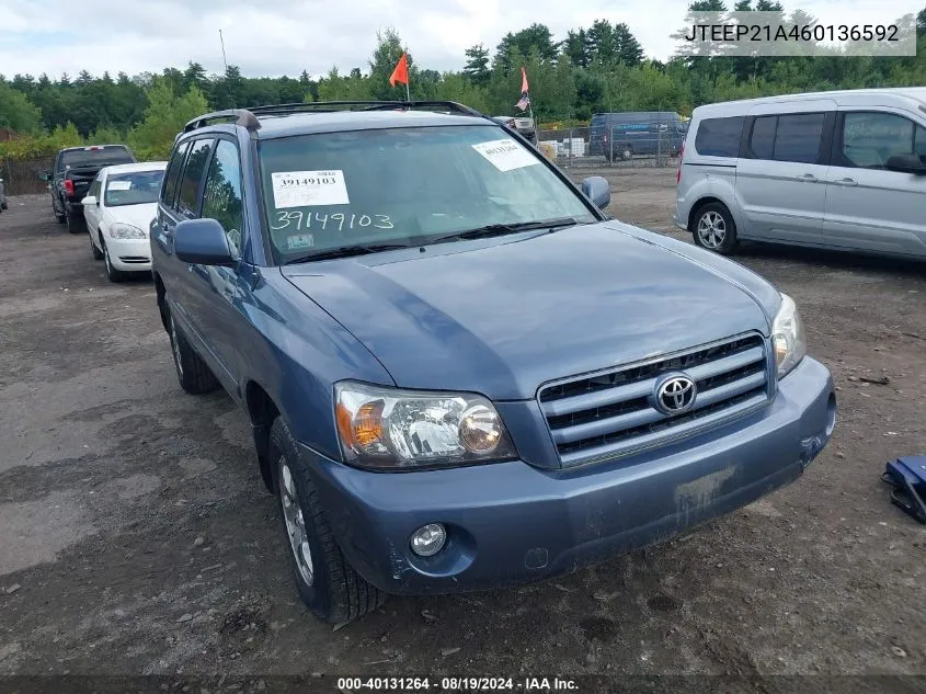 2006 Toyota Highlander V6 VIN: JTEEP21A460136592 Lot: 40131264