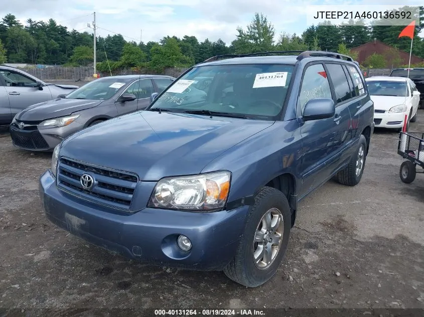 2006 Toyota Highlander V6 VIN: JTEEP21A460136592 Lot: 40131264