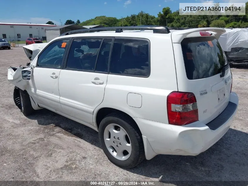 2006 Toyota Highlander Limited V6 VIN: JTEDP21A360104194 Lot: 40217127