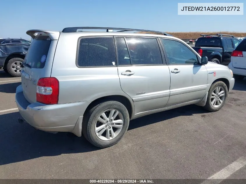 2006 Toyota Highlander Hybrid Limited V6 VIN: JTEDW21A260012772 Lot: 40229204