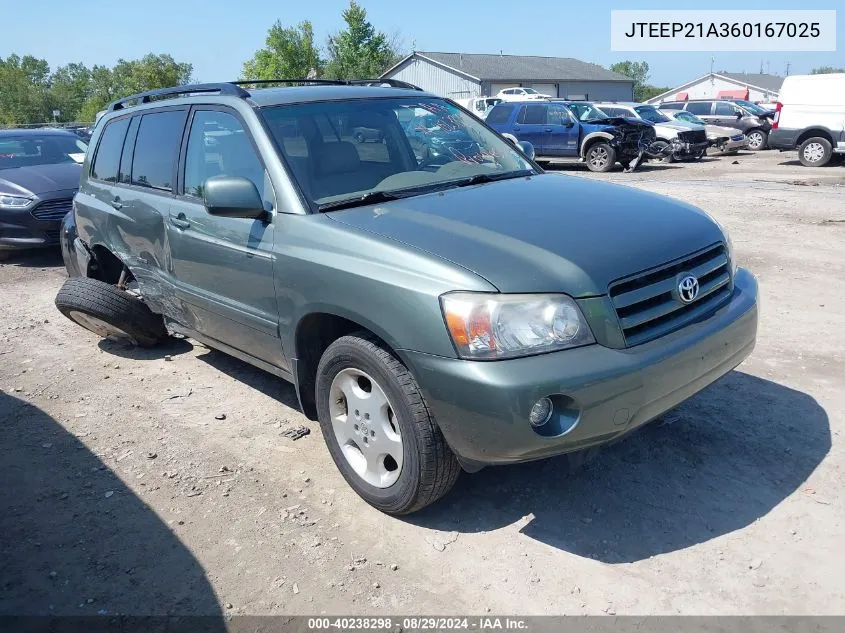 2006 Toyota Highlander Limited V6 VIN: JTEEP21A360167025 Lot: 40238298