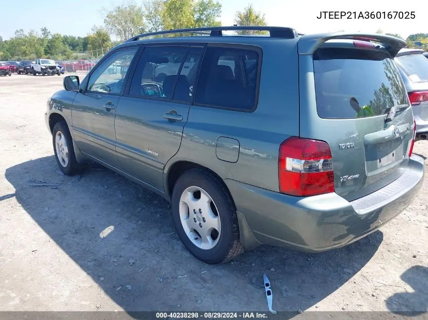 2006 Toyota Highlander Limited V6 VIN: JTEEP21A360167025 Lot: 40238298