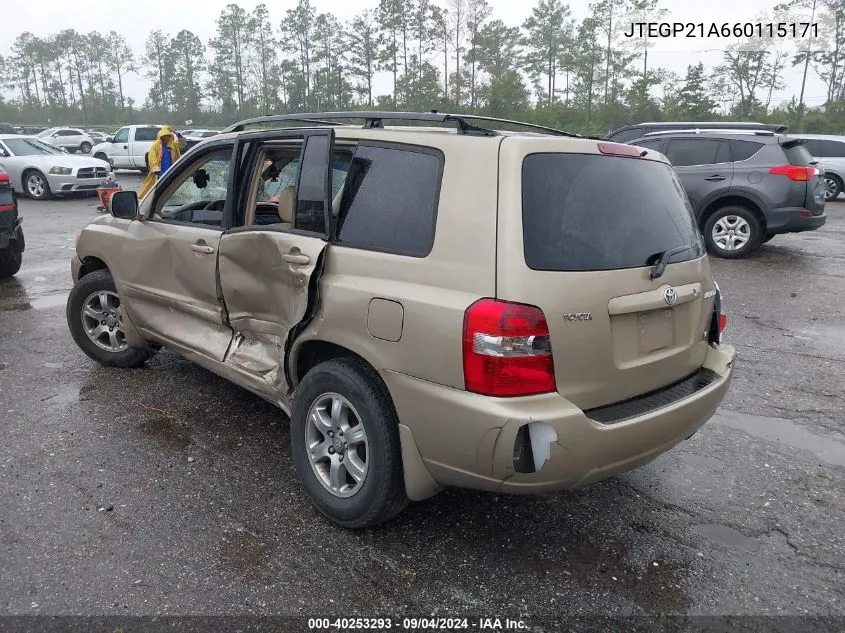 2006 Toyota Highlander Limited VIN: JTEGP21A660115171 Lot: 40253293