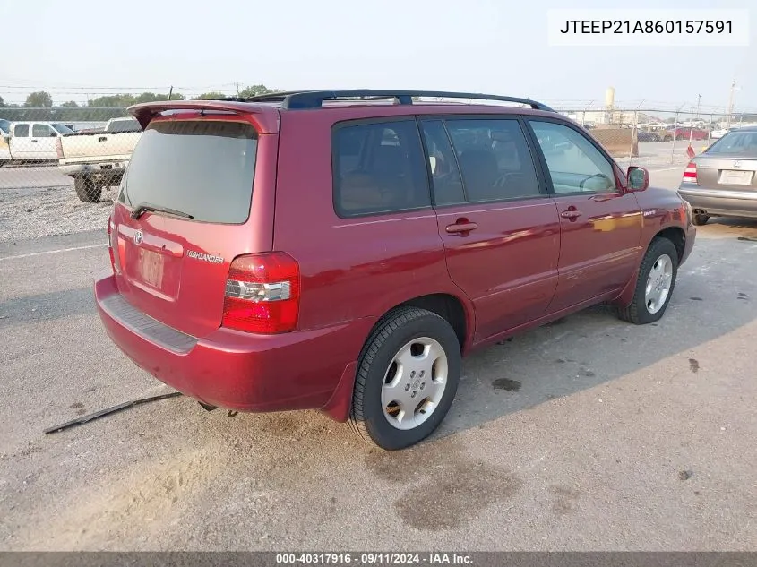 2006 Toyota Highlander Limited V6 VIN: JTEEP21A860157591 Lot: 40317916