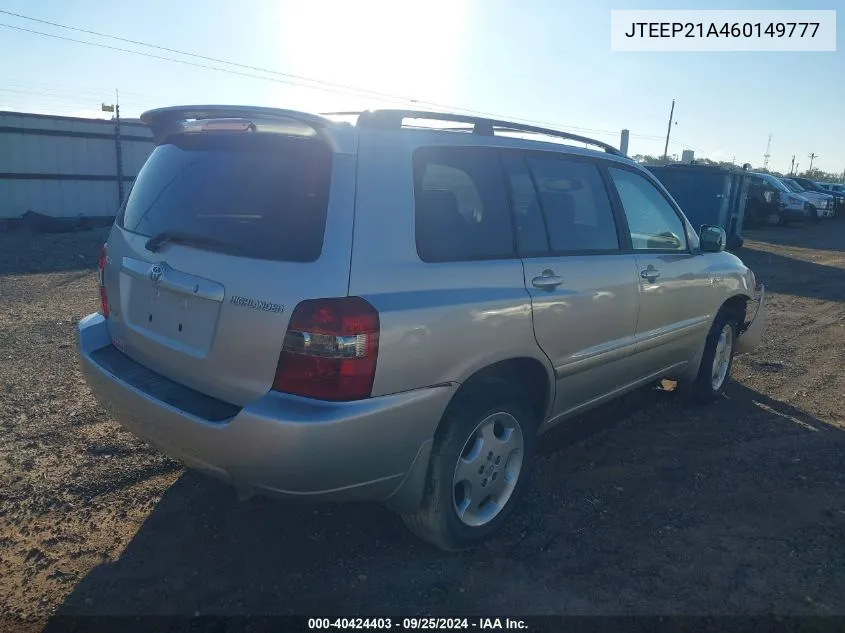 2006 Toyota Highlander Limited V6 VIN: JTEEP21A460149777 Lot: 40424403