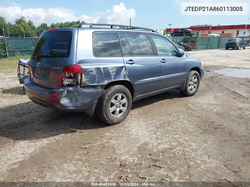 2006 Toyota Highlander V6 VIN: JTEDP21A860113005 Lot: 40482416