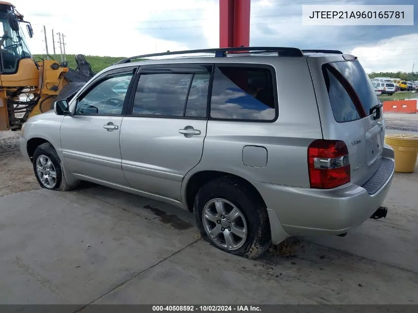 2006 Toyota Highlander V6 VIN: JTEEP21A960165781 Lot: 40508592