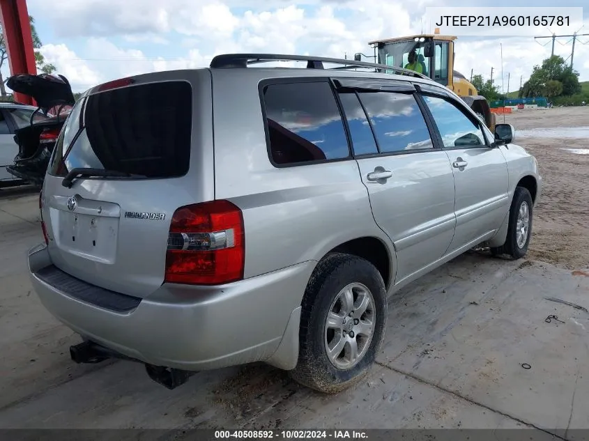 2006 Toyota Highlander V6 VIN: JTEEP21A960165781 Lot: 40508592