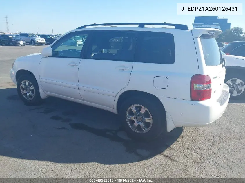 2006 Toyota Highlander V6 VIN: JTEDP21A260126431 Lot: 40552513