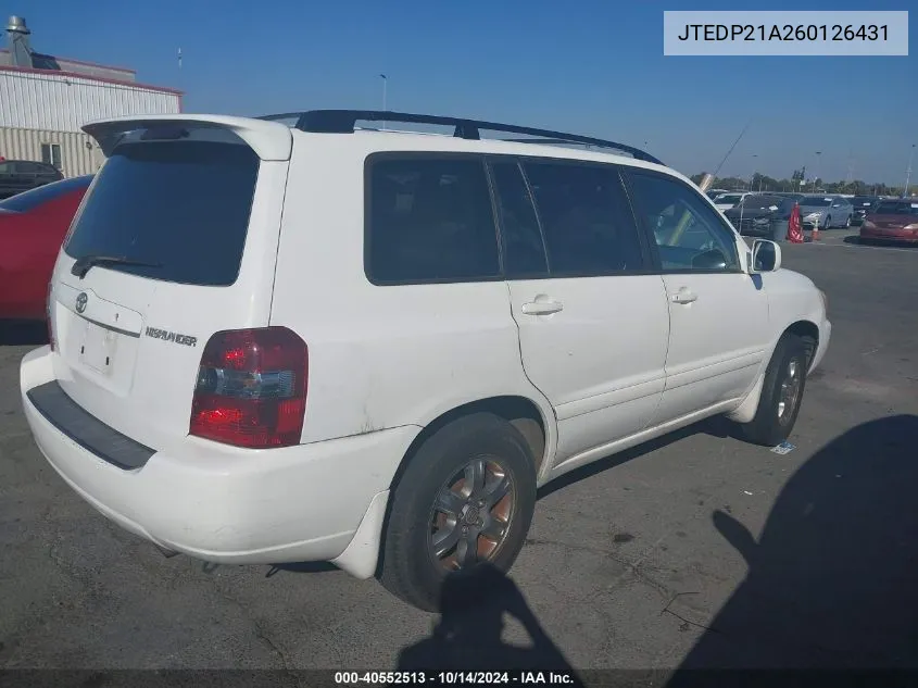 2006 Toyota Highlander V6 VIN: JTEDP21A260126431 Lot: 40552513