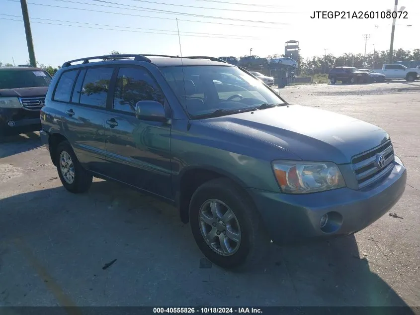 2006 Toyota Highlander V6 VIN: JTEGP21A260108072 Lot: 40555826