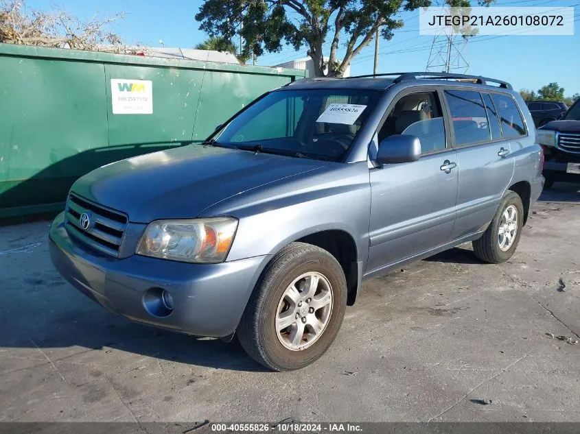 2006 Toyota Highlander V6 VIN: JTEGP21A260108072 Lot: 40555826