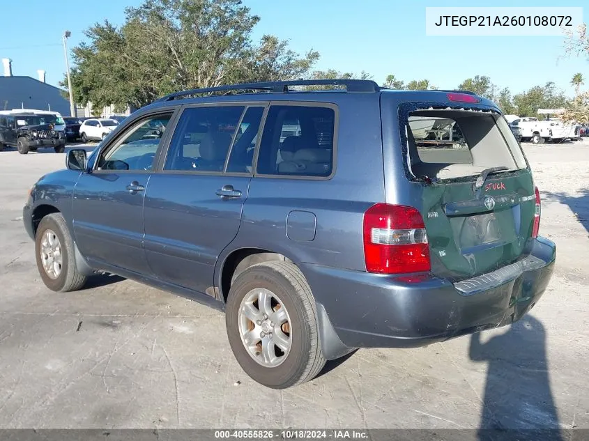 2006 Toyota Highlander V6 VIN: JTEGP21A260108072 Lot: 40555826