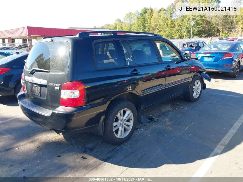 2006 Toyota Highlander Hybrid VIN: JTEEW21A160021418 Lot: 40561382