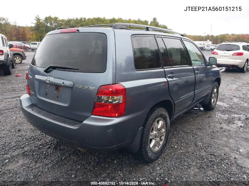 2006 Toyota Highlander V6 VIN: JTEEP21A560151215 Lot: 40592752