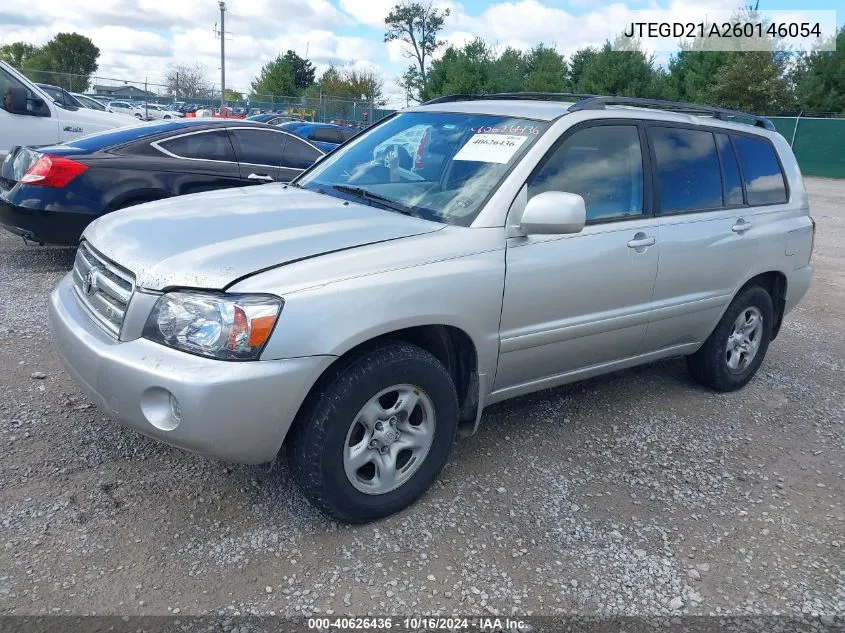 2006 Toyota Highlander Base W/O 3Rd Row (A4) VIN: JTEGD21A260146054 Lot: 40626436