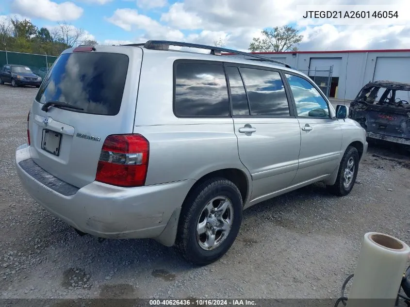 2006 Toyota Highlander Base W/O 3Rd Row (A4) VIN: JTEGD21A260146054 Lot: 40626436