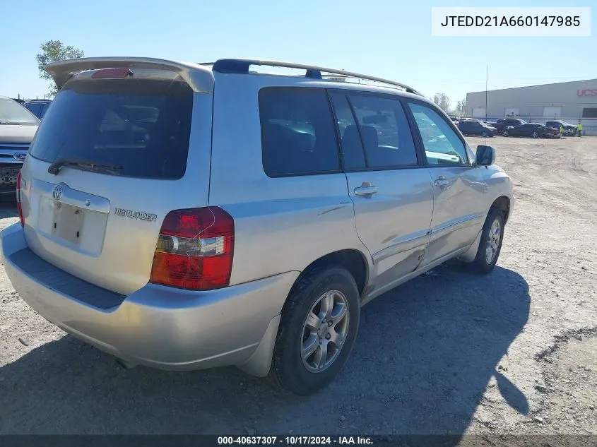 2006 Toyota Highlander VIN: JTEDD21A660147985 Lot: 40637307