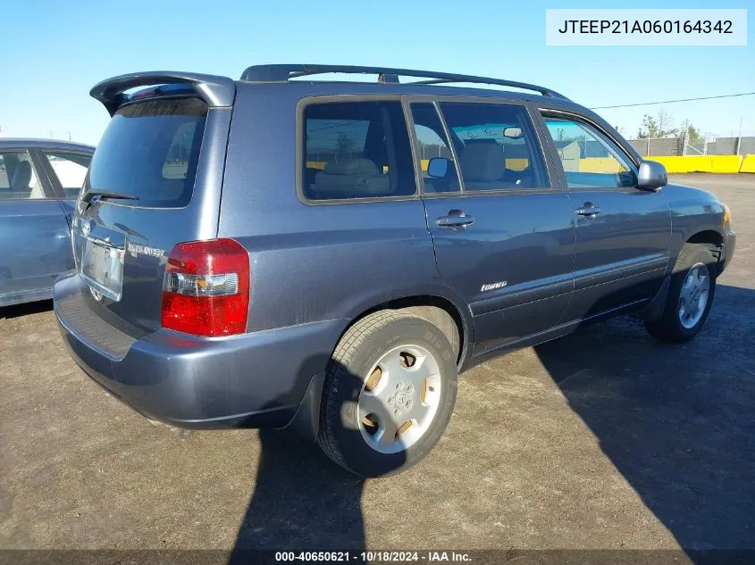 2006 Toyota Highlander Limited V6 VIN: JTEEP21A060164342 Lot: 40650621